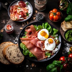 Top view of a fresh, delicious, wholesome and nutritious traditional sandwich breakfast, beautifully decorated, food photography