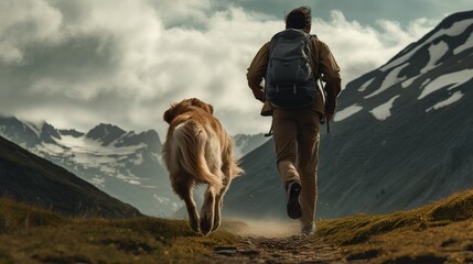Dog running with its owner in mountain landscape. Active, healthy and adventurous lifestyle shared together between a pet and its owner. Strong bond while exploring the great outdoors. Freedom feeling