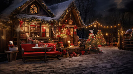 Christmas cottage at night with festive lights