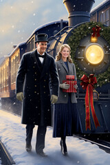 Romantic Couple walking on a snowy Express Train Station Christmas Illustration