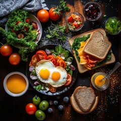 Top view of a fresh, delicious, wholesome and nutritious traditional Spain breakfast, beautifully decorated, food photography