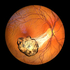 Toxoplasma retinochoroiditis observed during ophthalmoscopy, 3D illustration