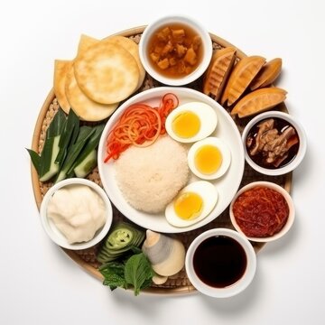 Top view of a fresh, delicious, wholesome and nutritious traditional african breakfast, beautifully decorated, food photography