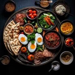 Top view of a fresh, delicious, wholesome and nutritious traditional middle east breakfast, beautifully decorated, food photography