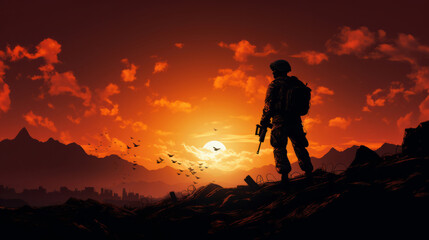 Obraz premium Graphic silhouette of armed soldier or marine at sunset..War concept.