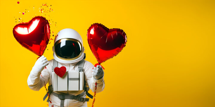 Astronaut with red heart shaped balloon on yellow background congratulates, space man in love, holiday banner with blank space for text