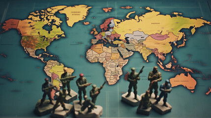World map with toy soldiers. War and military political crisis concept - obrazy, fototapety, plakaty