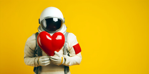 Astronaut with a red heart in hands on yellow background congratulates, space man in love, holiday banner with blank space for text