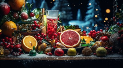 winter naturmort close up consisting of grapefruit, lemon, rowan berries, and Christmas decoration