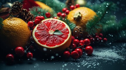 winter naturmort close up consisting of grapefruit, lemon, rowan berries, and Christmas decoration