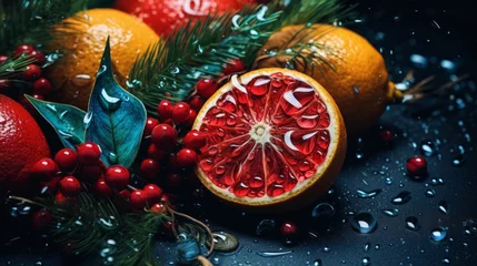 Foto op Plexiglas winter naturmort close up consisting of grapefruit, lemon, rowan berries, and Christmas decoration © Ian