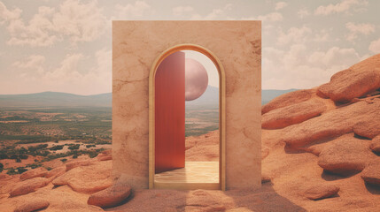 Obraz premium Generative AI, space door in the surreal landscape, sense of healing concept