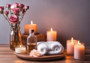 Obraz na płótnie Canvas Empty wooden light spa table. Table with spa accessories. Massage oil, body salt, scented candles, rose flowers. The surface of an empty table for displaying products. Generative AI