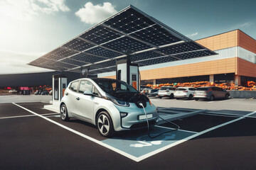 voiture électrique branchée à une borne en train de recharger sa batterie dans un parking de supermarché sous une ombrière photovoltaïque - obrazy, fototapety, plakaty
