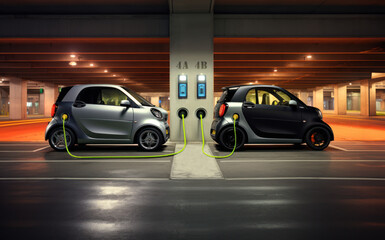 deux voitures électriques branchées à une borne en train de recharger sa batterie dans un parking souterrain