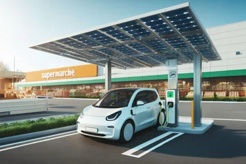 Deurstickers voiture électrique branchée à une borne en train de recharger sa batterie dans un parking de supermarché sous une ombrière photovoltaïque © Sébastien Jouve