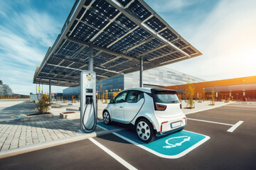 voiture électrique branchée à une borne en train de recharger sa batterie dans un parking de supermarché sous une ombrière photovoltaïque - obrazy, fototapety, plakaty