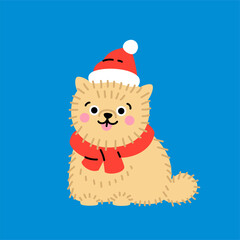 Cute cartoon Pomeranian puppy with a red hat and scarf. Hand drawn vector illustration. Funny Christmas dog character card template.