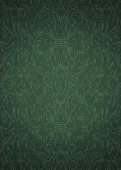 Hand-drawn unique abstract symmetrical seamless ornament. Bright green on a deep warm green with vignette of a darker background color. Paper texture. Digital artwork, A4. (pattern: p11-1d)