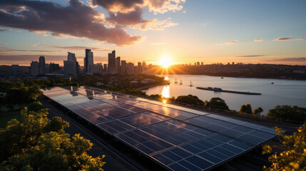Fototapeta premium Generative ai illustration of Solar panels with a city skyline