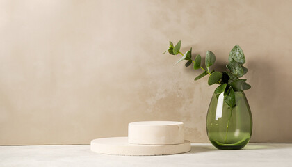 Neutral textured concrete wall with an empty podium stage, a green glass vase containing plants, providing a sustainable natural brand product presentation space, ideal for showcasing