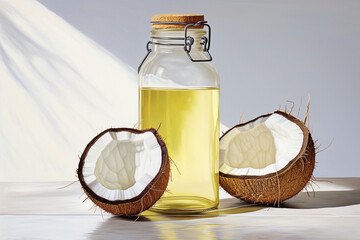 Coconut oil and fresh coconuts isolated on white background