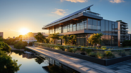 Obraz premium Generative ai illustration of Solar panels with a city skyline