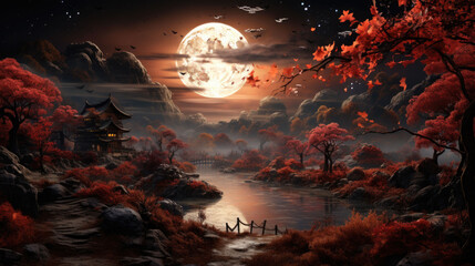 Autumn landscape with a Japanese temple at night with a big full moon - obrazy, fototapety, plakaty