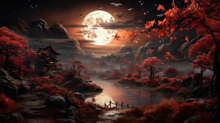 Fotobehang Autumn landscape with a Japanese temple at night with a big full moon © jr-art
