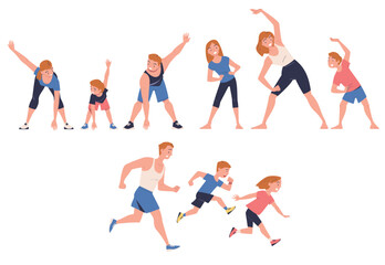 Happy Family Engaged in Sport Activity Doing Physical Exercises Vector Set