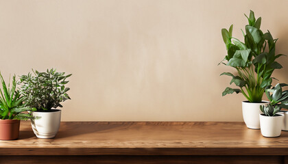 Wooden table in brown hue adorned with potted plants against a beige wall backdrop