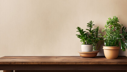 Wooden table in brown hue adorned with potted plants against a beige wall backdrop