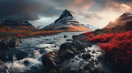 Fototapete Kirkjufell strong river in a surreal landscape like in Iceland