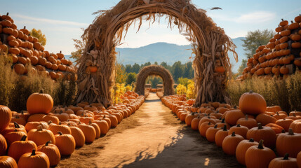 a path decorated with pumpkins on the sides