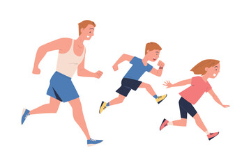 Fototapeta na wymiar Happy Family Engaged in Sport Activity Doing Physical Exercise Vector Illustration