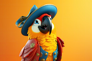 Petfluencers: The Charming Parrot's Adventure to Emulate a Musketeer on Orange Background