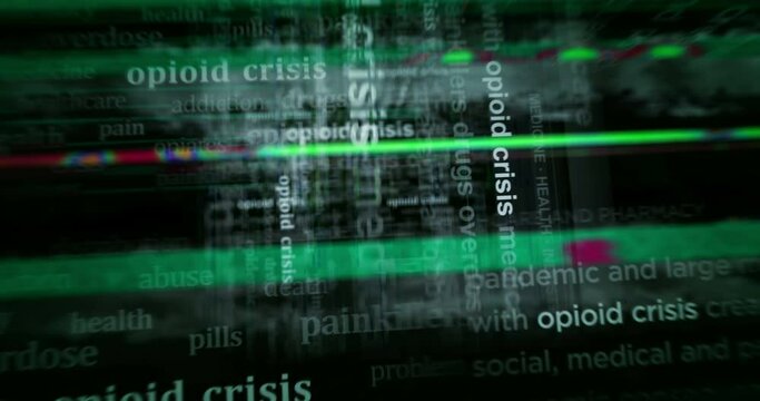 Opioid crisis opiates epidemic and painkiller abuse headline news titles across media. Abstract concept displays loop. Flight between screens with glitch effect seamless and looped 3d.
