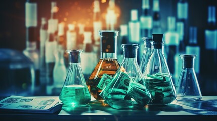 different bills and bottles for pharmaceutical and healthcare medication and drug research labs concepts with copy space - obrazy, fototapety, plakaty