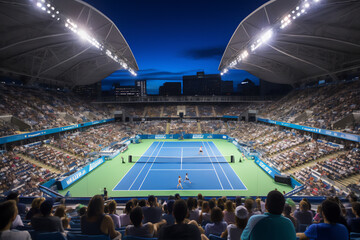 A tennis stadium with a hard court. Artificial lighting