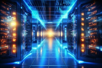 Obraz premium Powerful servers in a computer datacenter. Digital illustration. Generative AI
