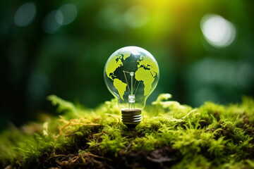 Green World Map On The Light Bulb With Green Background, Renewable Energy Environmental Protection - obrazy, fototapety, plakaty