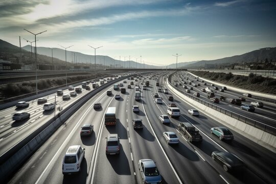 Busy traffic on a European freeway in Spain. Generative AI