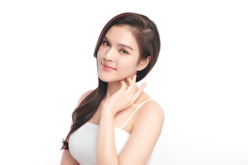 Beautiful young asian woman with clean fresh skin on white background, Face care, Facial treatment, Cosmetology, beauty and spa, Asian women portrait.