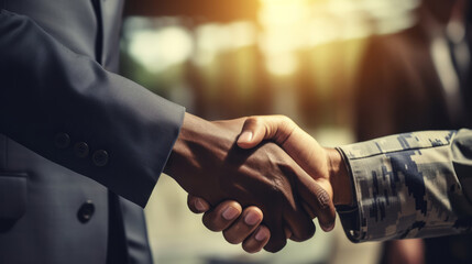 Close-up handshake between soldier and business or politician.