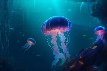Fototapeta na wymiar glowing jellyfish in a magical sea. Generative AI