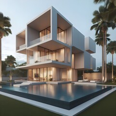 Exterior of amazing modern minimalist cubic villa and swimming pool 