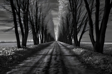 Tree-lined path with sunrays and distant horizon in grayscale