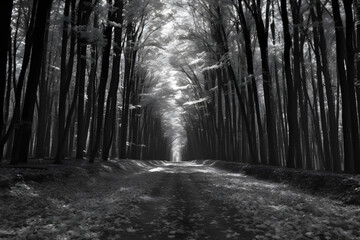 Sunlit pathway through dense monochrome forest