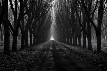 Grayscale avenue of trees frames a distant illuminated end