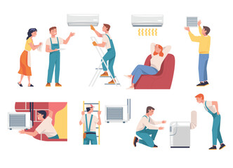 Man Character Install Ventilation and Air Conditioner Vector Set